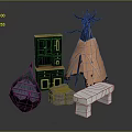 Decorative Interior Scene With Dark Cabinet Teepee Structure Boat Decoration Gray Stool And White Bench