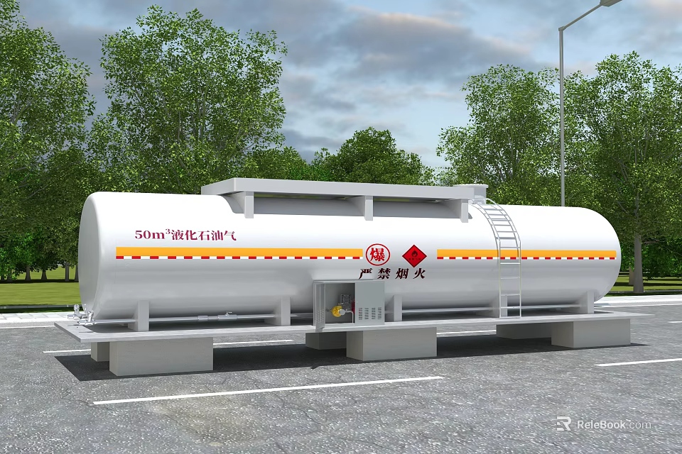 Outdoor Industrial Petroleum Gas Storage Tank With White Body Red Yellow Stripes And Ladder 3d model 
