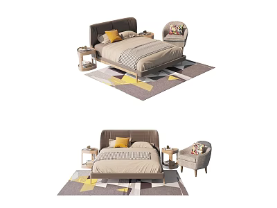 Modern Double Bed With Upholstered Headboard Yellow Pillows Nightstand Accent Chair And Geometric Rug 3d model