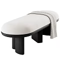 Modern Beige Upholstered Bench With Dark Wooden Legs And Throw Blanket