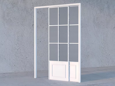White Sliding Door With Grid Glass Panels And Concrete Wall Background 3d model