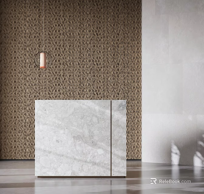 Elegant Marble Reception Desk With Textured Wall And Copper Hanging Light 3d model
