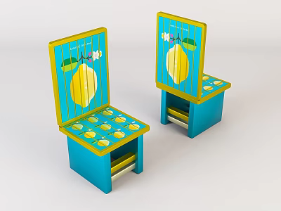 Cute Wooden Kids Chair With Turquoise Blue Yellow Lemon Flower Pattern Design 3d model
