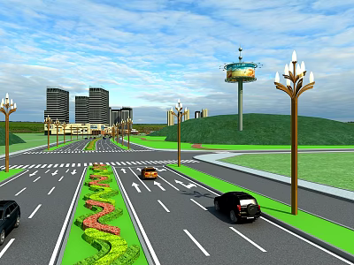 Modern Urban Road Facilities With Street Lamps Central Greenery And Moving Vehicles 3d model