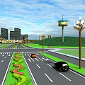 Modern Urban Road Facilities With Street Lamps Central Greenery And Moving Vehicles