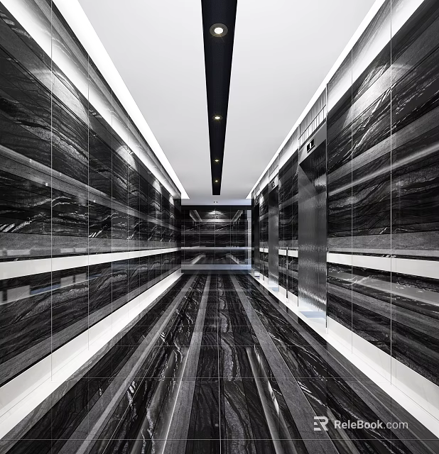 Modern Luxury Elevator Hallway With Marble Walls Mirrored Panels And Strip Lighting 3d model 