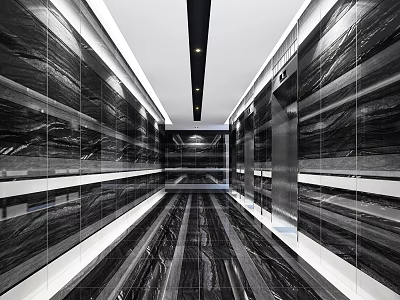 Modern Luxury Elevator Hallway With Marble Walls Mirrored Panels And Strip Lighting 3d model