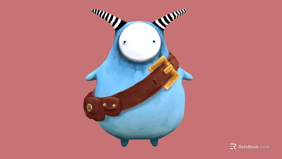 Blue Animated Game Character With Black White Striped Horns White Face And Brown Belt 3d model 