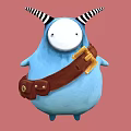 Blue Animated Game Character With Black White Striped Horns White Face And Brown Belt
