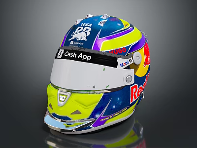 Vibrant Race Car Driver Helmet Featuring Red Bull Cash App Blue Yellow Purple Design 3d model