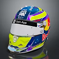 Vibrant Race Car Driver Helmet Featuring Red Bull Cash App Blue Yellow Purple Design
