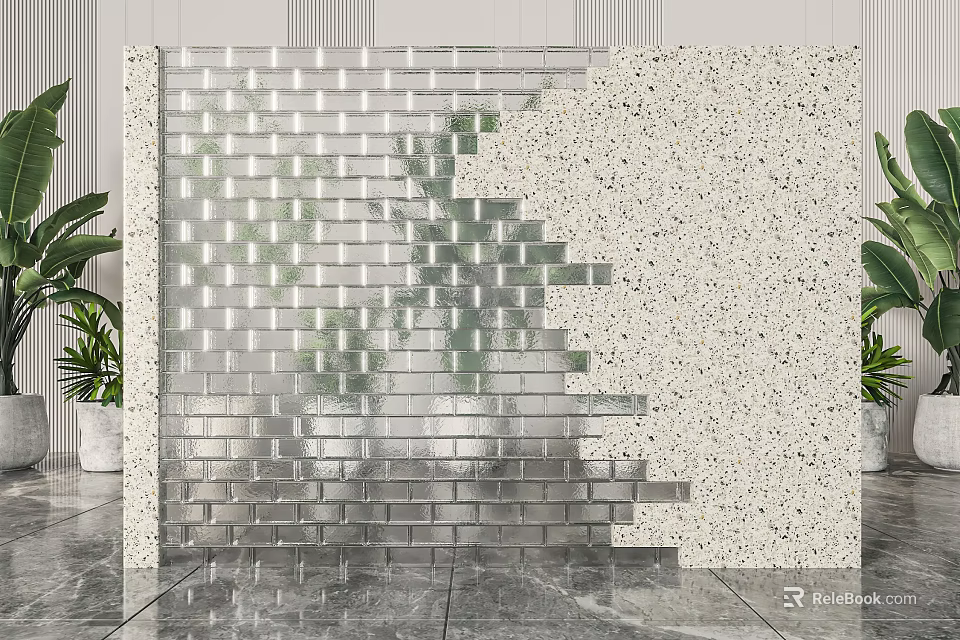 Modern Room Divider with Brick and Terrazzo Panels in Interior Space with Plants 3d model 