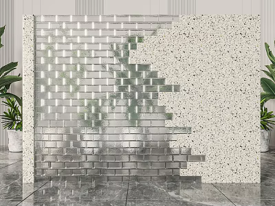 Modern Room Divider with Brick and Terrazzo Panels in Interior Space with Plants 3d model