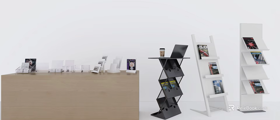 Modern Stylish Display Shelves With Magazine Storage And Black White Design 3d model 