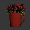 Fresh Red Roses With Black Berries And Green Leaves In Red Vase Arrangement