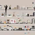 Decorative Ornaments and Figurines Collection Displayed on White Shelves with Books Vases and Dolls