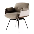 Modern Beige Upholstered Accent Chair With Walnut Wooden Armrests And Black Metal Legs
