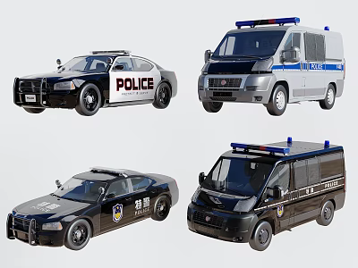 Different Police Car Models with Emergency Lights Sedan and Van in Black and White 3d model
