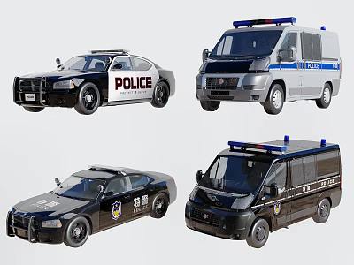 Different Police Car Models with Emergency Lights Sedan and Van in Black and White 3d model