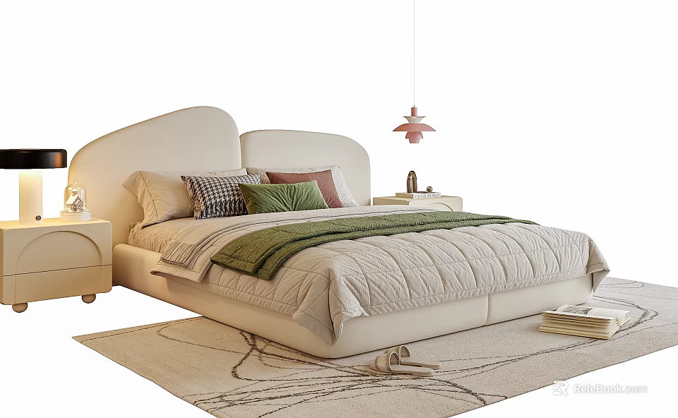 Modern Kids Bed with Curved Ivory Headboard Green Blanket Pink Pendant Light and Bedside Lamp 3d model 
