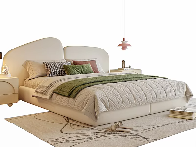 Modern Kids Bed with Curved Ivory Headboard Green Blanket Pink Pendant Light and Bedside Lamp 3d model