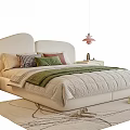 Modern Kids Bed with Curved Ivory Headboard Green Blanket Pink Pendant Light and Bedside Lamp