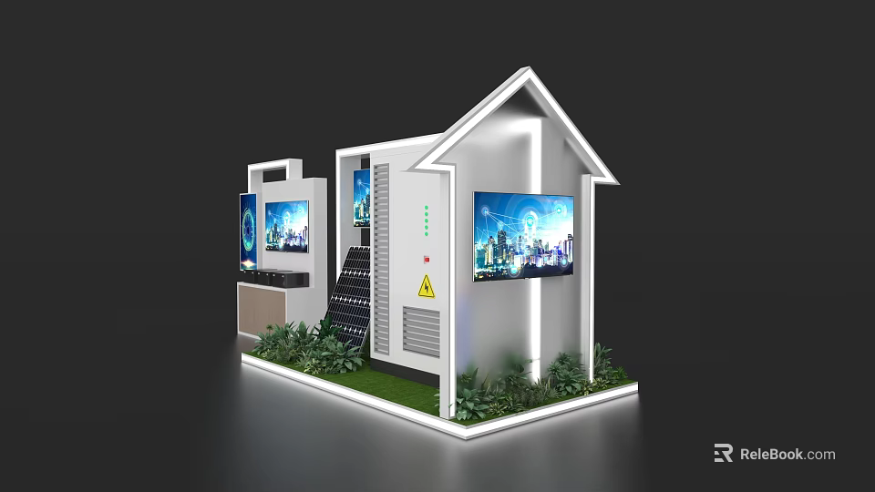 White House Style Exhibition Island With Screens City Night View Green Plants And Stairs 3d model 