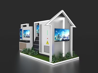White House Style Exhibition Island With Screens City Night View Green Plants And Stairs 3d model