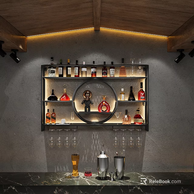 Stylish Modern Wine Cabinet Interior Design With Glass Shelves Wine Bottles And LED Lighting 3d model 