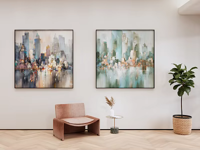 Interior Decor With Cityscape Paintings Hanging On Wall Brown Chair Small Table And Potted Plant 3d model
