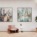 Interior Decor With Cityscape Paintings Hanging On Wall Brown Chair Small Table And Potted Plant