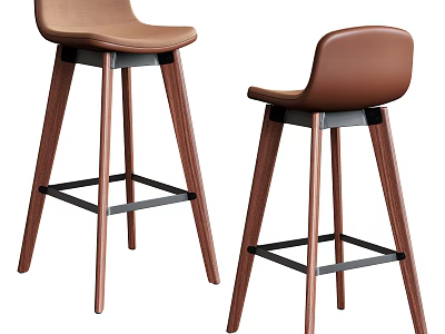 Modern Brown Leather Bar Stools With Wooden Legs And Metal Footrest Design 3d model