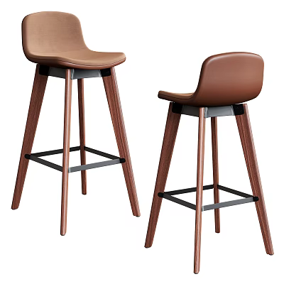 Modern Brown Leather Bar Stools With Wooden Legs And Metal Footrest Design 3d model