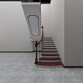 Curved Staircase with Dark Red Steps Black Railings Golden Decorations White Walls and Gray Floor