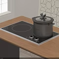 Electric Cooktop On Wooden Table With Pot Window Blinds And Geometric Wall