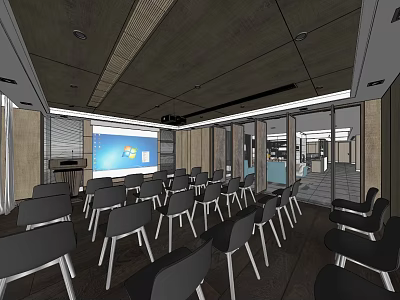 Modern Meeting Room With Neatly Arranged Black Chairs And Large Screen 3d model