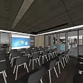 Modern Meeting Room With Neatly Arranged Black Chairs And Large Screen