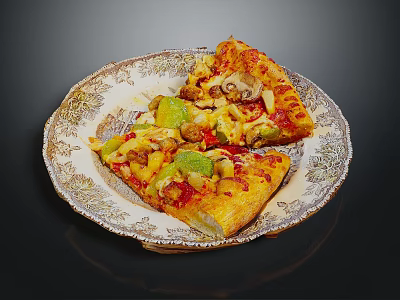 Delicious Pizza Slices On Decorative Plate With Golden Crust Fresh Vegetables And Melted Cheese 3d model