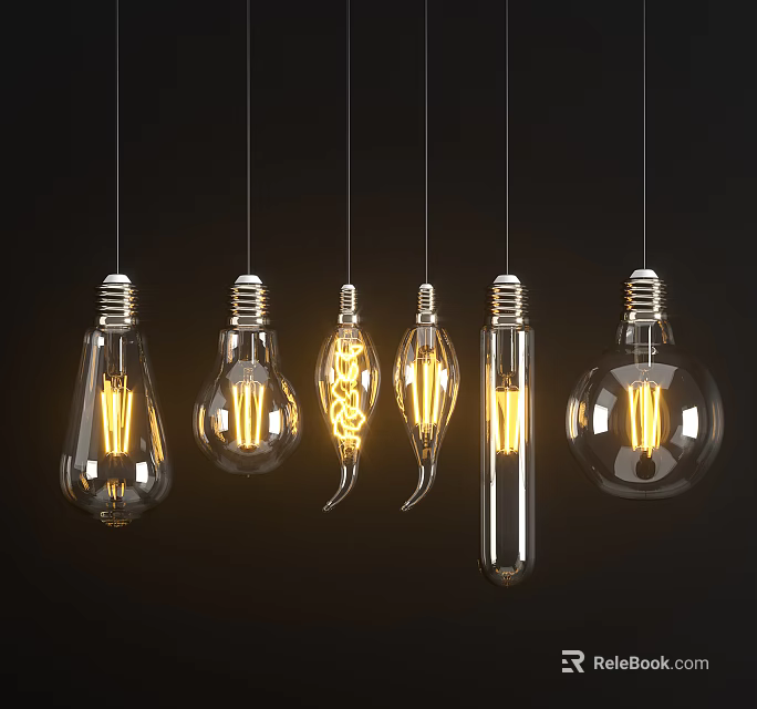 Various Shapes Glass Chandeliers With Yellow Filaments Hanging On Black Background 3d model 