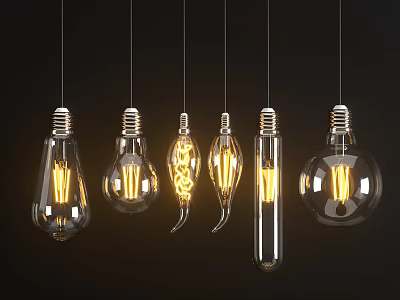 Various Shapes Glass Chandeliers With Yellow Filaments Hanging On Black Background 3d model