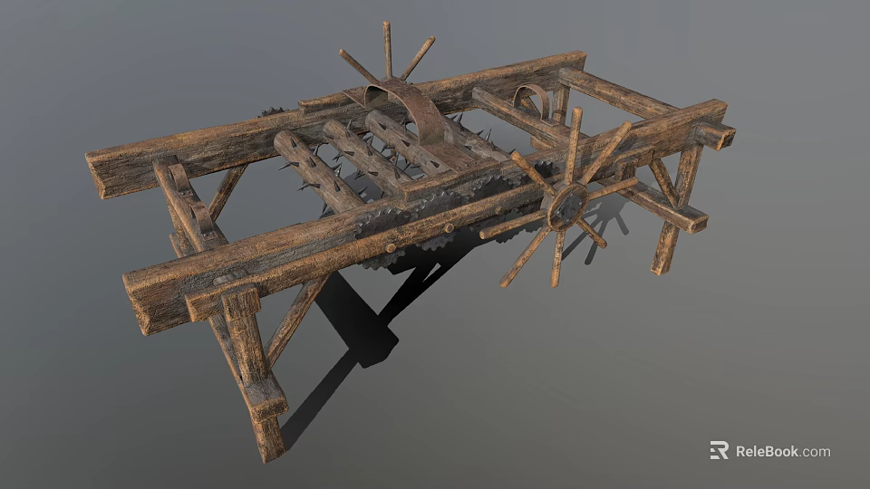 Traditional Ancient Wooden Farming Tool Structure With Spoked Wheels Metal Components And Frame 3d model 