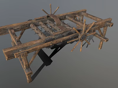 Traditional Ancient Wooden Farming Tool Structure With Spoked Wheels Metal Components And Frame 3d model
