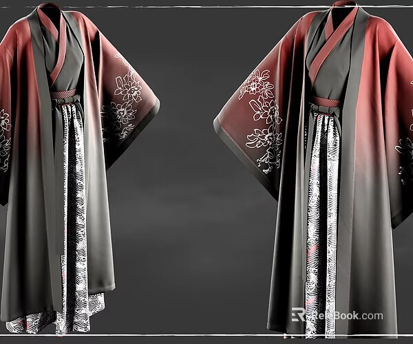 Game Movie Character Traditional Hanfu With Red Black Gradient Floral Patterns Long Sleeves And Skirt 3d model 