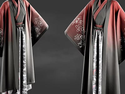 Game Movie Character Traditional Hanfu With Red Black Gradient Floral Patterns Long Sleeves And Skirt 3d model