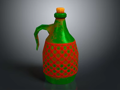 Colorful Glass Bottle With Cork Stopper Green Body Red Mesh Pattern And Handle 3d model