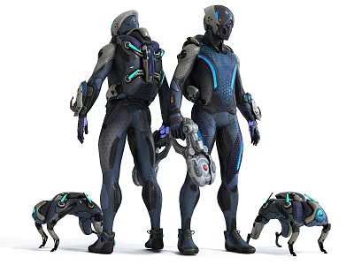 Futuristic Game and Movie Characters in Tech Suits With Glowing Blue Accents and Mechanical Dogs 3d model