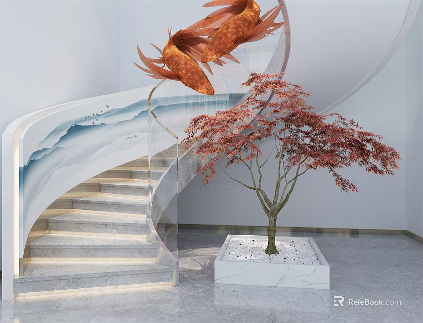 Modern Interior Space With Spiral Staircase Maple Tree And Orange Decorative Fish 3d model