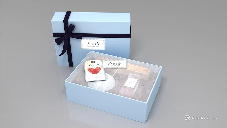 Blue Gift Box Set With Fresh Label Heart Shaped Item And White Packaging 3d model 