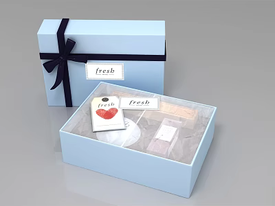 Blue Gift Box Set With Fresh Label Heart Shaped Item And White Packaging 3d model