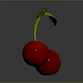 Fresh Red Cherries with Green Stems and Leaf on Dark Surface 3d model